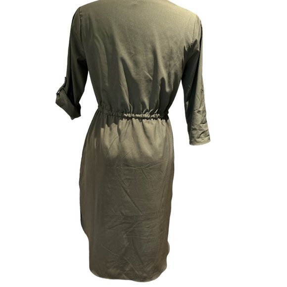 MERONA Dress Size M Green Hi Low Back 3/4 Sleeves Drawstring Elastic Waist - Picture 7 of 11